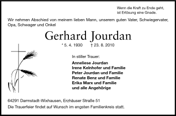 Traueranzeige von Gerhard Jourdan von Darmstädter Echo, Odenwälder Echo, Rüsselsheimer Echo, Groß-Gerauer-Echo, Ried Echo