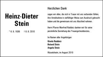 Traueranzeige von Heinz-Dieter Stein von Darmstädter Echo, Odenwälder Echo, Rüsselsheimer Echo, Groß-Gerauer-Echo, Ried Echo