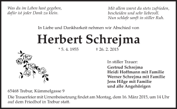 Traueranzeige von Herbert Schrejma von Rüsselsheimer Echo, Groß-Gerauer-Echo, Ried Echo