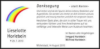 Traueranzeige von Lieselotte Horlebein von Odenwälder Echo