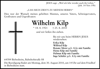 Traueranzeige von Wilhelm Kilp von Rüsselsheimer Echo, Groß-Gerauer-Echo, Ried Echo
