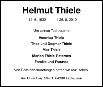 Traueranzeige von Helmut Thiele von Darmstädter Echo, Odenwälder Echo, Rüsselsheimer Echo, Groß-Gerauer-Echo, Ried Echo