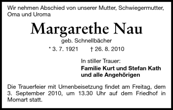 Traueranzeige von Margarethe Nau von Odenwälder Echo