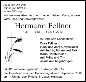 Traueranzeige von Hermann Fellner von Darmstädter Echo, Odenwälder Echo, Rüsselsheimer Echo, Groß-Gerauer-Echo, Ried Echo
