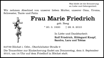 Traueranzeige von Marie Friedrich von Odenwälder Echo