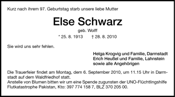 Traueranzeige von Else Schwarz von Darmstädter Echo, Odenwälder Echo, Rüsselsheimer Echo, Groß-Gerauer-Echo, Ried Echo
