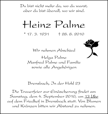 Traueranzeige von Heinz Palme von Echo-Zeitungen (Gesamtausgabe)