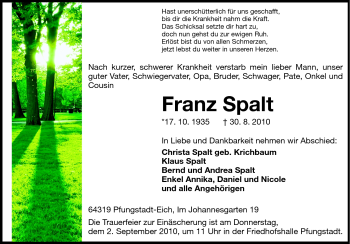 Traueranzeige von Franz Spalt von Echo-Zeitungen (Gesamtausgabe)