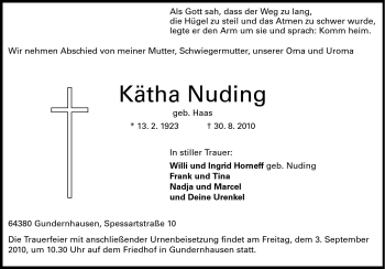 Traueranzeige von Kätha Nuding von Echo-Zeitungen (Gesamtausgabe)