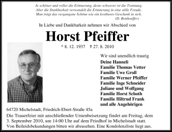 Traueranzeige von Horst Pfeiffer von Odenwälder Echo
