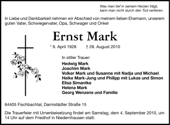 Traueranzeige von Ernst Mark von Echo-Zeitungen (Gesamtausgabe)