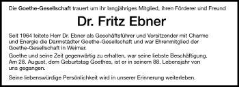 Traueranzeige von Dr. Fritz Ebner von Darmstädter Echo, Odenwälder Echo, Rüsselsheimer Echo, Groß-Gerauer-Echo, Ried Echo