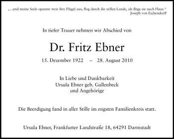 Traueranzeige von Dr. Fritz Ebner von Echo-Zeitungen (Gesamtausgabe)