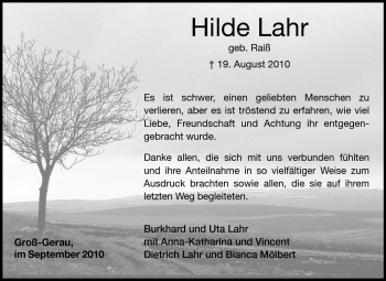 Traueranzeige von Hilde Lahr von Darmstädter Echo, Odenwälder Echo, Rüsselsheimer Echo, Groß-Gerauer-Echo, Ried Echo