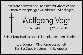 Traueranzeige von Wolfgang Vogt von Darmstädter Echo, Odenwälder Echo, Rüsselsheimer Echo, Groß-Gerauer-Echo, Ried Echo
