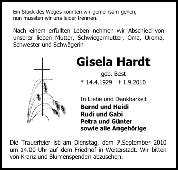 Traueranzeige von Gisela Hardt von Echo-Zeitungen (Gesamtausgabe)