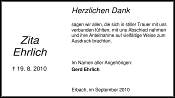 Traueranzeige von Zita Ehrlich von Odenwälder Echo