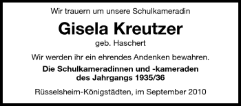 Traueranzeige von Gisela Kreutzer von Rüsselsheimer Echo, Groß-Gerauer-Echo, Ried Echo