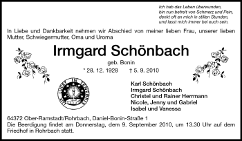 Traueranzeige von Irmgard Schönbach von Darmstädter Echo, Odenwälder Echo, Rüsselsheimer Echo, Groß-Gerauer-Echo, Ried Echo