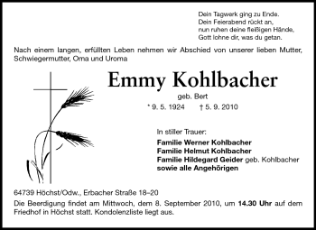 Traueranzeige von Emmi Kohlbacher von Odenwälder Echo