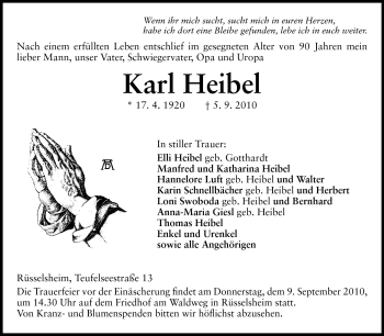 Traueranzeige von Karl Heibel von Rüsselsheimer Echo, Groß-Gerauer-Echo, Ried Echo