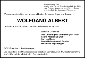 Traueranzeige von Wolfgang Albert von Echo-Zeitungen (Gesamtausgabe)