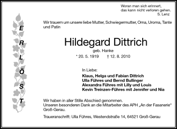 Traueranzeige von Hildegard Dittrich von Rüsselsheimer Echo, Groß-Gerauer-Echo, Ried Echo
