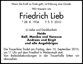 Traueranzeige von Friedrich Lieb von Darmstädter Echo, Odenwälder Echo, Rüsselsheimer Echo, Groß-Gerauer-Echo, Ried Echo