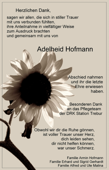 Traueranzeige von Adelheid Hofmann von Rüsselsheimer Echo, Groß-Gerauer-Echo, Ried Echo