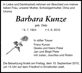 Traueranzeige von Barbara Kunze von Darmstädter Echo, Odenwälder Echo, Rüsselsheimer Echo, Groß-Gerauer-Echo, Ried Echo