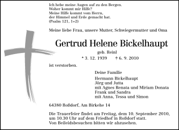 Traueranzeige von Gertrud Helene Bickelhaupt von Echo-Zeitungen (Gesamtausgabe)