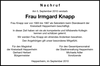Traueranzeige von Irmgard Knapp von Starkenburger Echo