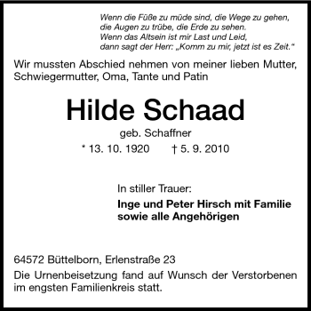 Traueranzeige von Hilde Schaad von Rüsselsheimer Echo, Groß-Gerauer-Echo, Ried Echo