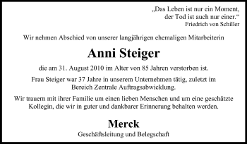 Traueranzeige von Anni Steiger von Echo-Zeitungen (Gesamtausgabe)
