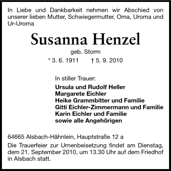 Traueranzeige von Susanna Henzel von Echo-Zeitungen (Gesamtausgabe)