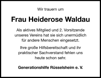 Traueranzeige von Heiderose Waldau von Rüsselsheimer Echo, Groß-Gerauer-Echo, Ried Echo