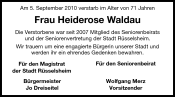 Traueranzeige von Heiderose Waldau von Rüsselsheimer Echo, Groß-Gerauer-Echo, Ried Echo