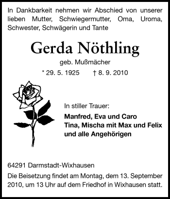 Traueranzeige von Gerta Nöthling von Darmstädter Echo, Odenwälder Echo, Rüsselsheimer Echo, Groß-Gerauer-Echo, Ried Echo