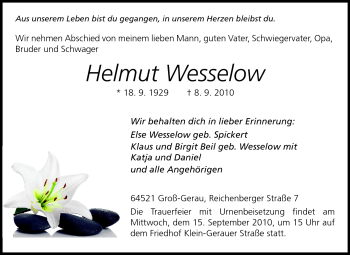 Traueranzeige von Helmut Wesselow von Rüsselsheimer Echo, Groß-Gerauer-Echo, Ried Echo