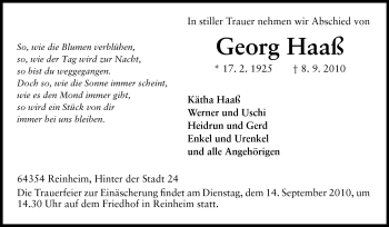 Traueranzeige von Georg Haas von Darmstädter Echo, Odenwälder Echo, Rüsselsheimer Echo, Groß-Gerauer-Echo, Ried Echo