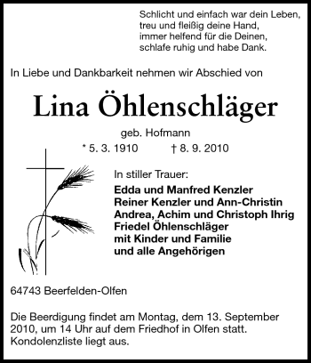 Traueranzeige von Lina Öhlenschläger von Odenwälder Echo