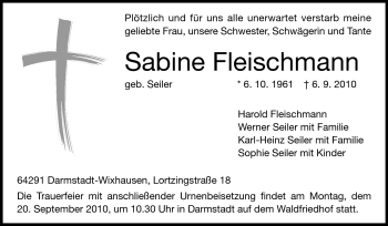 Traueranzeige von Sabine Fleischmann von Darmstädter Echo, Odenwälder Echo, Rüsselsheimer Echo, Groß-Gerauer-Echo, Ried Echo