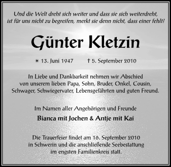 Traueranzeige von Günter Kletzin von Echo-Zeitungen (Gesamtausgabe)