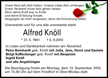Traueranzeige von Alfred Knöll von Darmstädter Echo, Odenwälder Echo, Rüsselsheimer Echo, Groß-Gerauer-Echo, Ried Echo