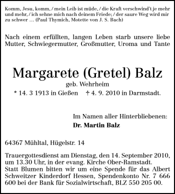 Traueranzeige von Margarete Balz von Echo-Zeitungen (Gesamtausgabe)