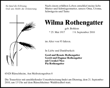 Traueranzeige von Wilma Rothengatter von Rüsselsheimer Echo, Groß-Gerauer-Echo, Ried Echo