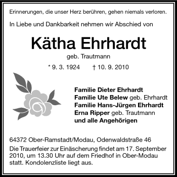 Traueranzeige von Kätha Ehrhardt von Darmstädter Echo, Odenwälder Echo, Rüsselsheimer Echo, Groß-Gerauer-Echo, Ried Echo
