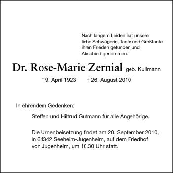 Traueranzeige von Rose-Marie Zernial von Darmstädter Echo, Odenwälder Echo, Rüsselsheimer Echo, Groß-Gerauer-Echo, Ried Echo
