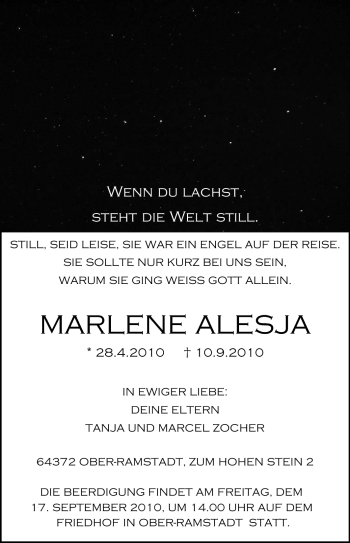 Traueranzeige von Marlene Alesija Zocher von Darmstädter Echo, Odenwälder Echo, Rüsselsheimer Echo, Groß-Gerauer-Echo, Ried Echo