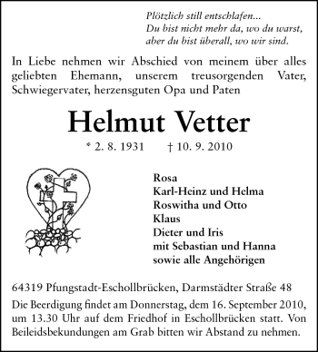 Traueranzeige von Helmut Vetter von Echo-Zeitungen (Gesamtausgabe)